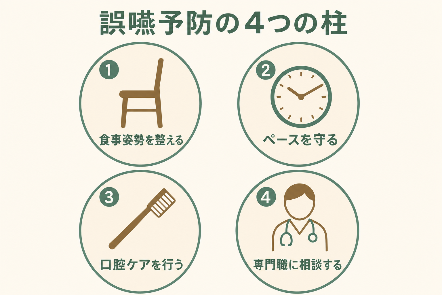 誤嚥予防の4つの柱を整理した図解。食事姿勢・ペースを守る・口腔ケア・専門職への相談の4要素を、家庭でできる工夫として並列に配置。