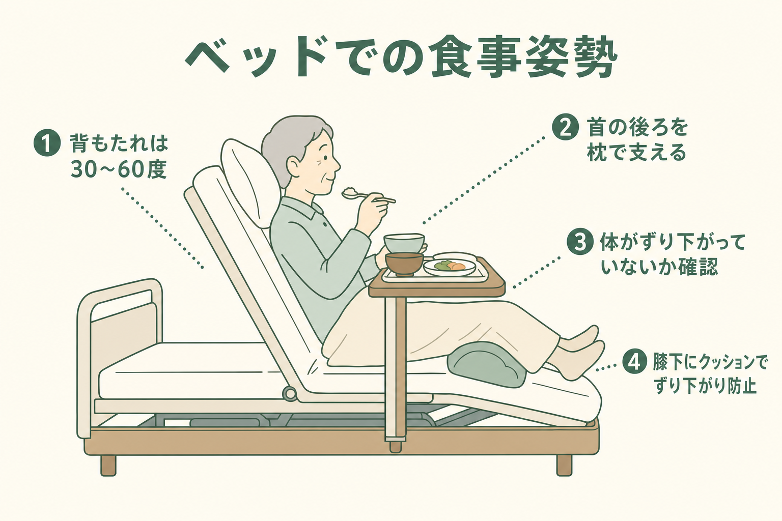 ベッド上(ギャッジアップ)での食事姿勢の基本ポイント:背もたれ30〜60度・首の後ろを枕で支える・体のずり下がり確認・膝下クッションの4点を示した図解