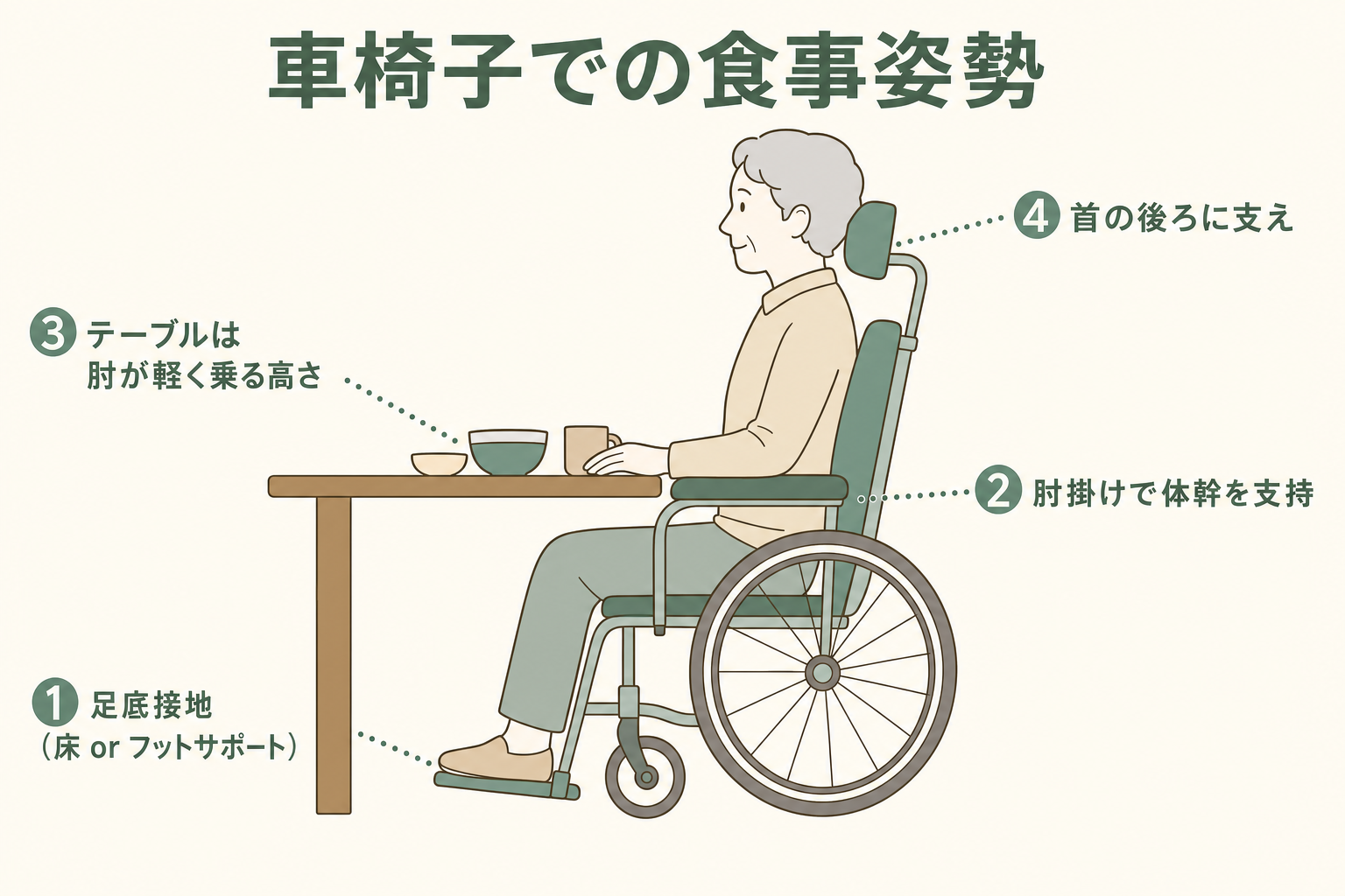 車椅子座位での食事姿勢の基本ポイント:フットサポート(または床)に足底接地、肘掛けで体幹支持、テーブル高さの調整を示した図解